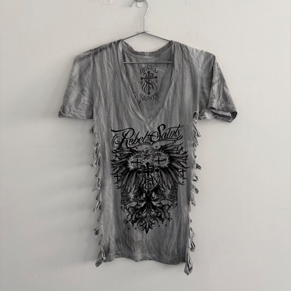 Rebel Saints Affliction Womens V-Neck Graphic T-Shirt Gray Cutout Sides Size M